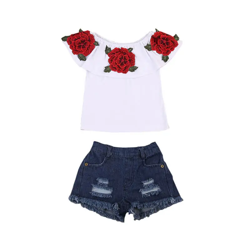 Girls Fashion Flower Pattern Ruffled Design Tops And Denim Shorts Set