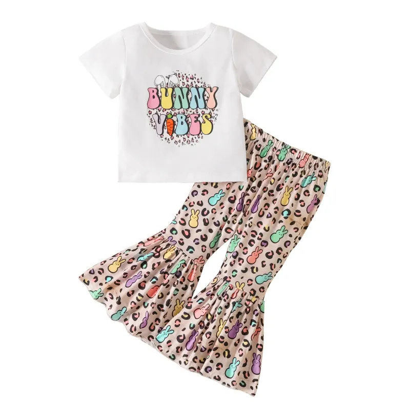 Kids Toddler Girls Casual Cute Easter Alphabet Cartoon Bunny Print Short Sleeve Round Neck T-Shirt Flare Trousers Set