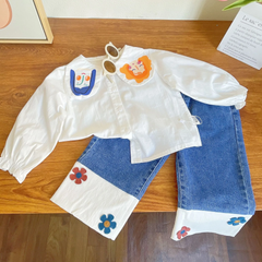 Children Kids Baby Fashion Girls Casual Long Sleeve Cartoon Print Blouse And Flower Jeans 2pcs Set