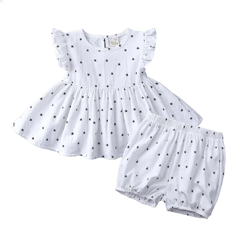 Children Kids Baby Fashion Girls Casual Basic Ruffle Sleeve Print T-Shirt And Shorts 2pcs Set