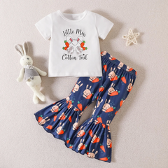 Kids Toddler Girls Casual Cute Easter Day Cartoon Rabbit Letter Print Short Sleeve Round Neck T-Shirt Flare Trousers Set