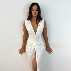 Spring And Summer Women Fashion Backless Sexy V-Neck Side-Slit Maxi Solid Dress