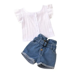 Girls Lace Design Single-Breasted Tops And Denim Shorts Set