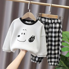 Kids Fashion Puppy Pattern Sweatshirt And Plaid Pants Set