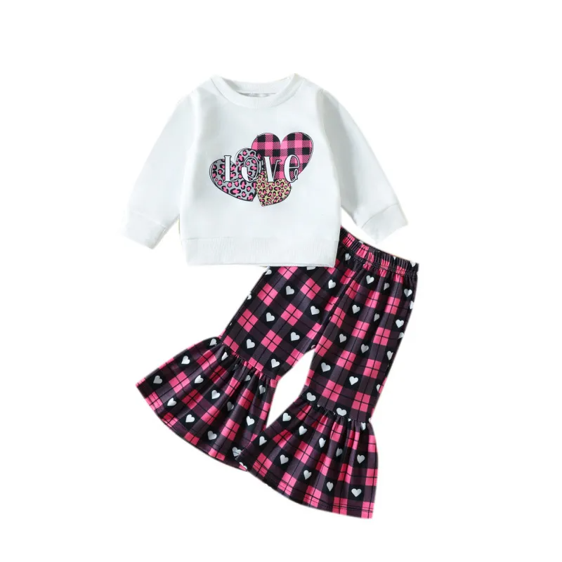 Kids Toddler Girls Casual Cute Sweet Letters Heart Print Long Sleeve Round Neck Sweatshirts Flare Trousers Set