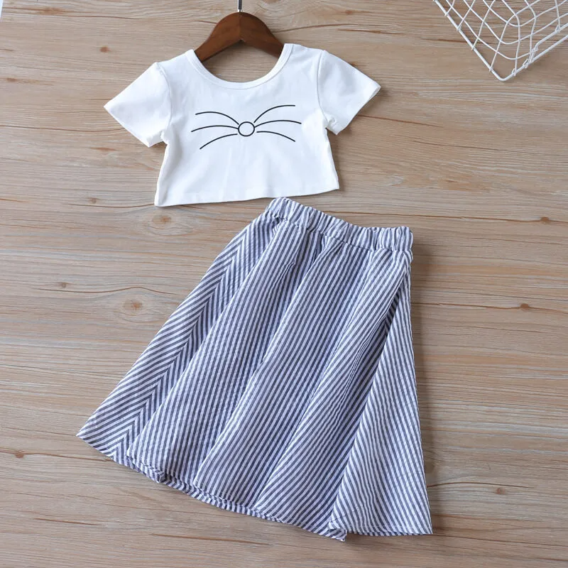 Girls Simple Short-Sleeves T-Shirt And Striped Skirt Set