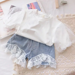 Girls Basic Round Neck Puff Sleeve Top And Lace Spliced Denim Shorts Set