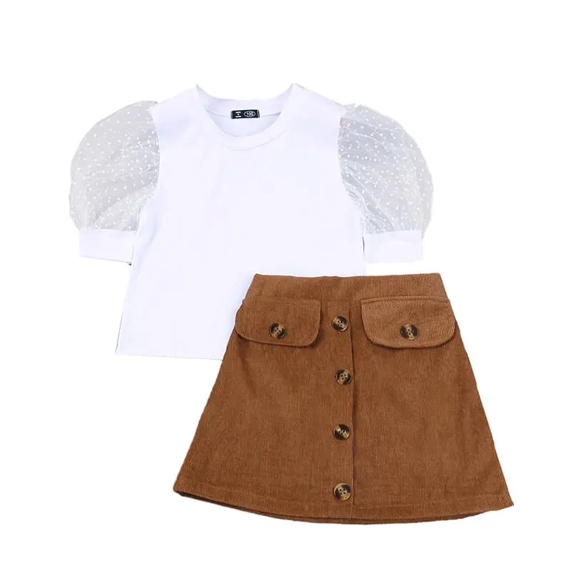 Girls Fashion Short-Sleeves Mesh Design Tops And Skirt Set