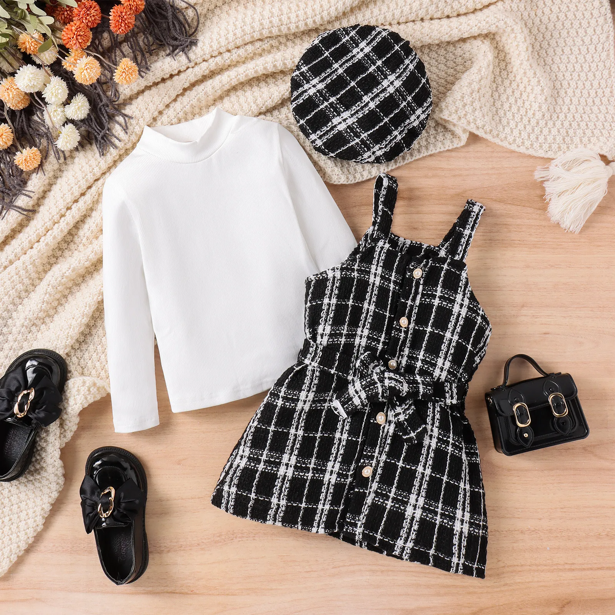 Kids Toddler Girls Autumn Winter Fashion Casual Solid Color Long Sleeve Turtle Neck T-Shirt Plaid Suspenders Dress Sets