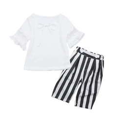 Girls Flared Sleeves Tops And Striped Pants Set