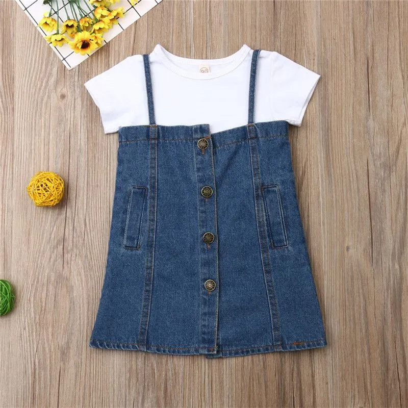 2 Pcs Set Fashion Girl White Tees And Denim Dress