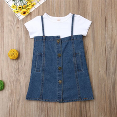 2 Pcs Set Fashion Girl White Tees And Denim Dress