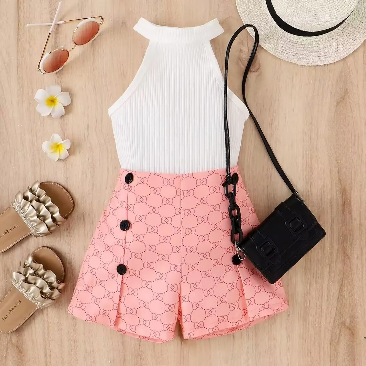 Children Kids Toddlers Fashion Girls Basic Casual Hanging Neck Top And Printed Shorts 2pcs Set