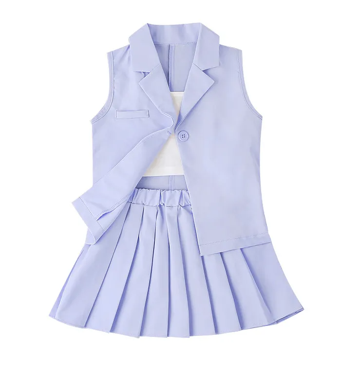 Children Kids Toddlers Fashion Girls Solid Color Sleeveless Jacket And Sling T-Shirt Pleated Skirt 3pcs Set