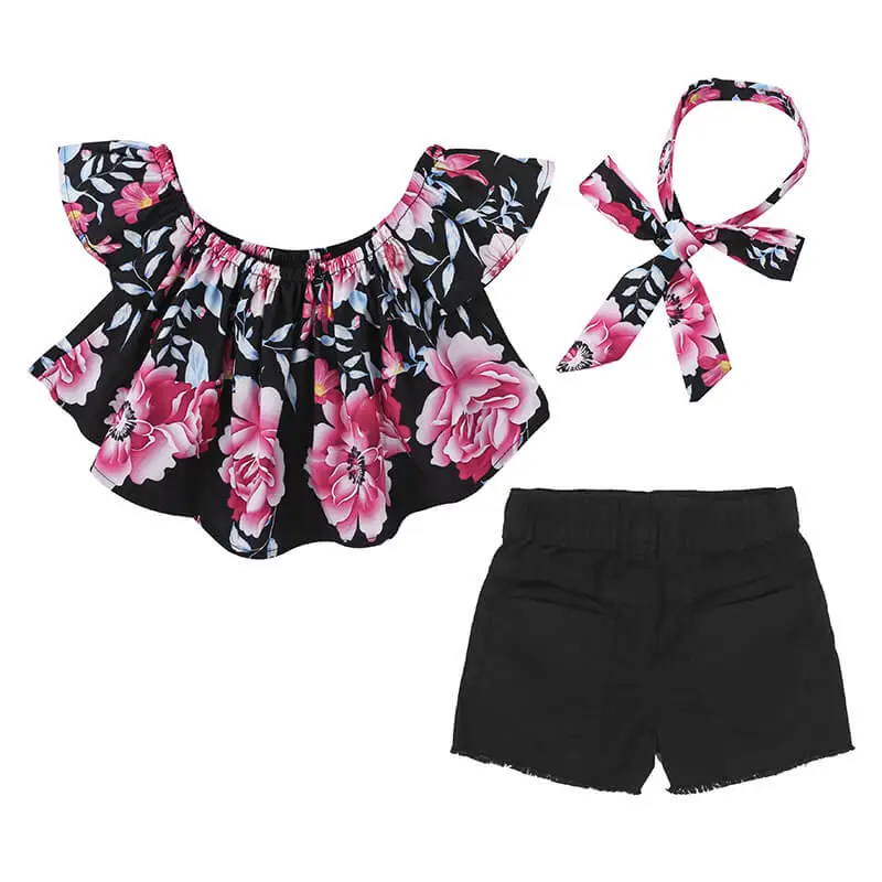 Girls Fashion Off-The-Shoulder Flower Pattern Tops And Shorts With Headband