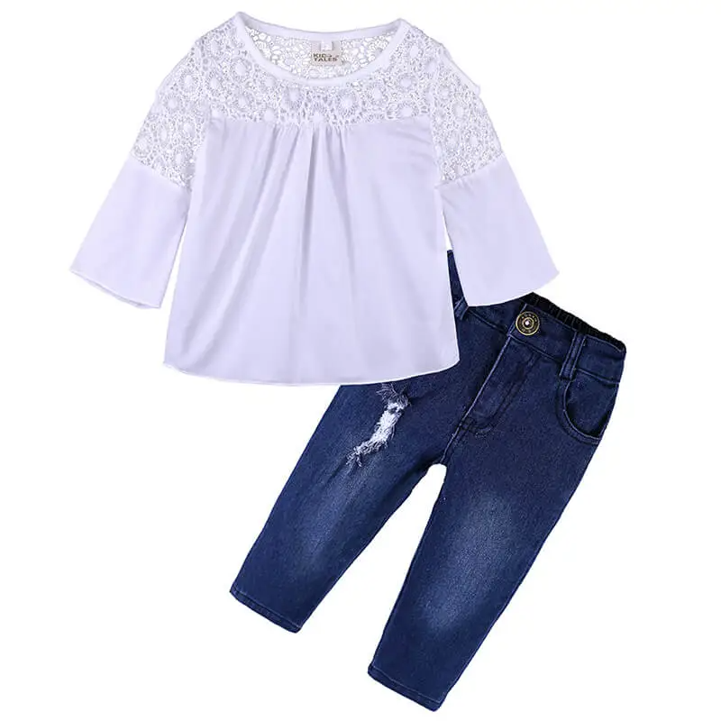 Girls Fashion Long-Sleeves Cool-Shoulder Lace Design Tops And Jeans