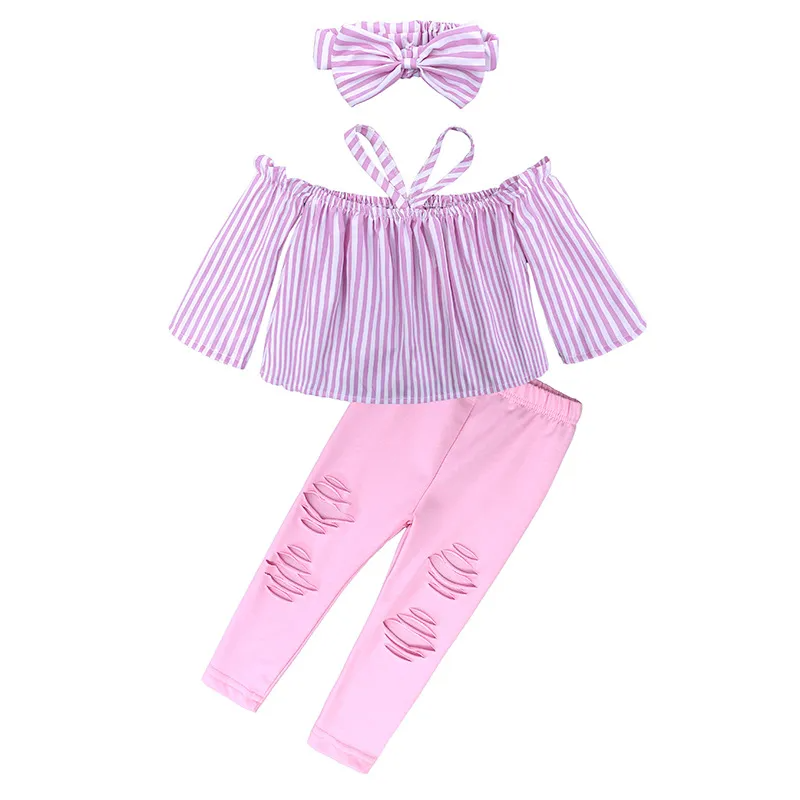 Children Kids Baby Fashion Girls Stripe One-Shoulder Top And Ripped Pants Set