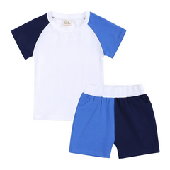 Children Kids Toddlers Girls Boys Short Sleeve Color Blocking T-Shirt And Short 2pcs Set