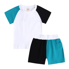 Children Kids Toddlers Girls Boys Short Sleeve Color Blocking T-Shirt And Short 2pcs Set