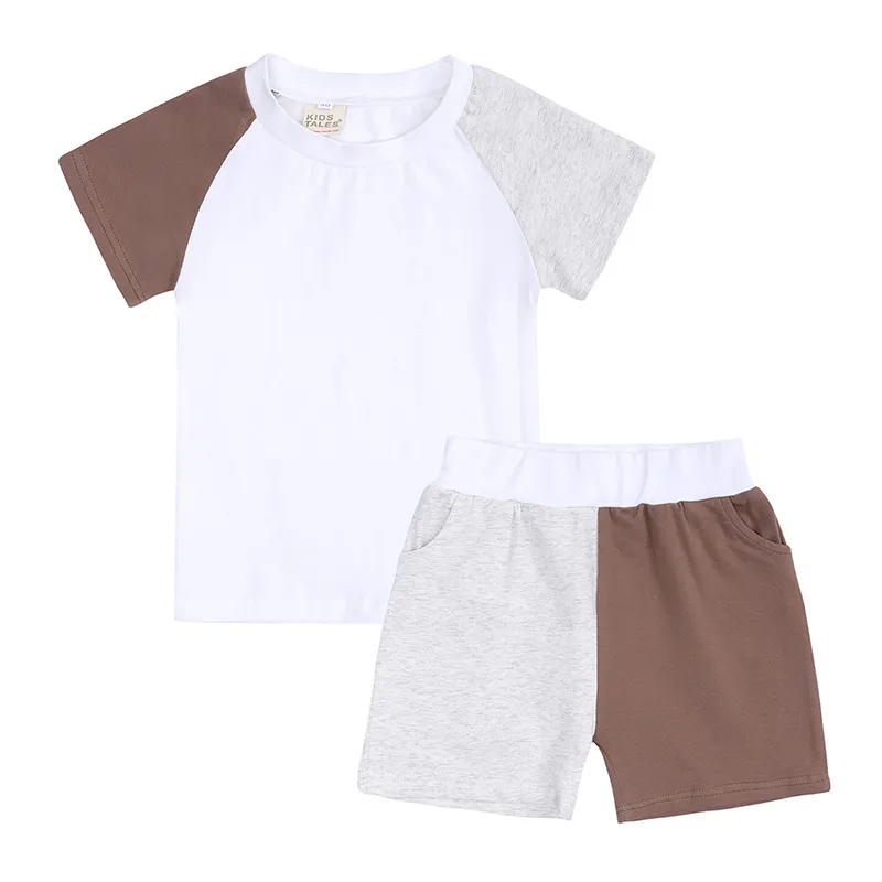 Children Kids Toddlers Girls Boys Short Sleeve Color Blocking T-Shirt And Short 2pcs Set