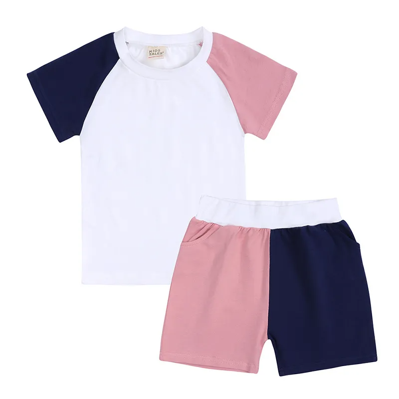 Children Kids Toddlers Girls Boys Short Sleeve Color Blocking T-Shirt And Short 2pcs Set