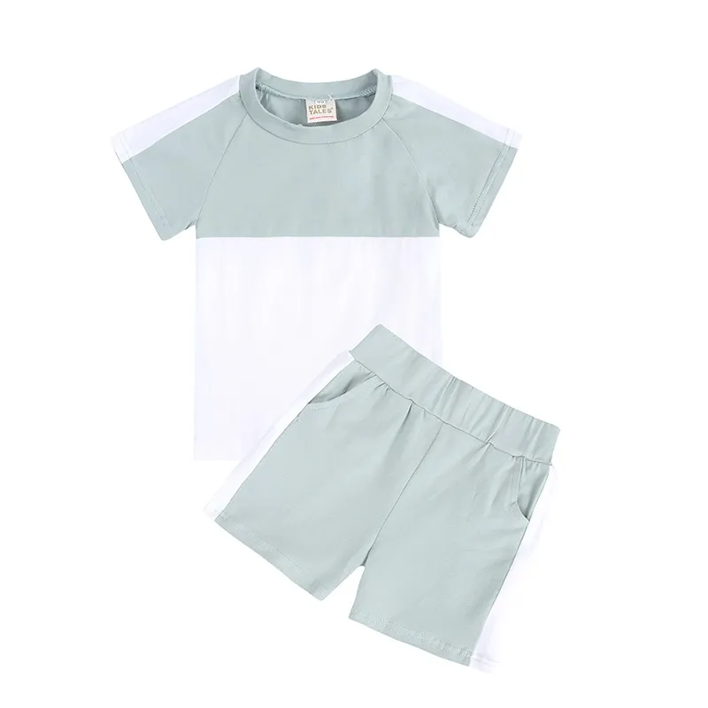 Children Kids Toddlers Girls Boys Short Sleeve Color Blocking T-Shirt And Short 2pcs Set