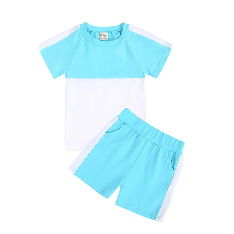 Children Kids Toddlers Girls Boys Short Sleeve Color Blocking T-Shirt And Short 2pcs Set