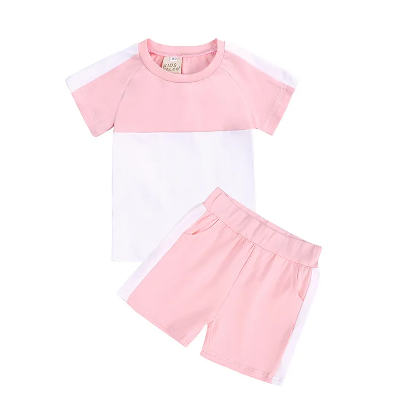 Children Kids Toddlers Girls Boys Short Sleeve Color Blocking T-Shirt And Short 2pcs Set