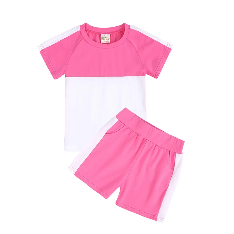 Children Kids Toddlers Girls Boys Short Sleeve Color Blocking T-Shirt And Short 2pcs Set