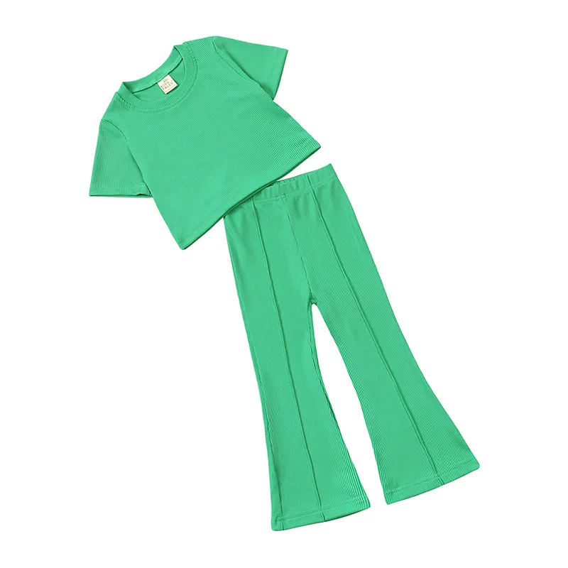 Children Kids Baby Fashion Girls Short Sleeve Solid Color T-Shirt And Flared Pants 2pcs Set