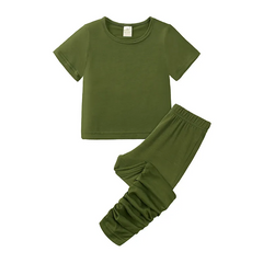 Children Kids Baby Fashion Girls Casual Basic Short Sleeve Solid Color T-Shirt And Pants 2pcs Set