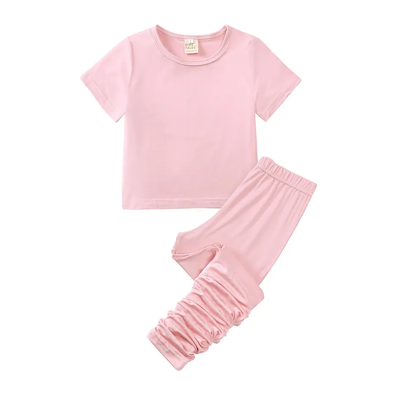 Children Kids Baby Fashion Girls Casual Basic Short Sleeve Solid Color T-Shirt And Pants 2pcs Set