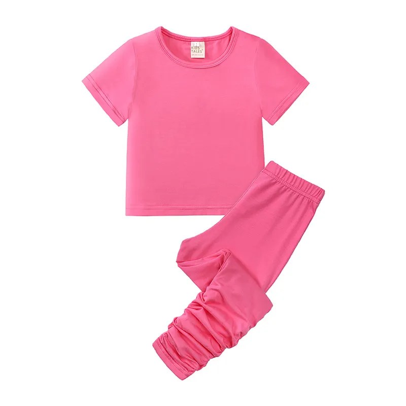 Children Kids Baby Fashion Girls Casual Basic Short Sleeve Solid Color T-Shirt And Pants 2pcs Set