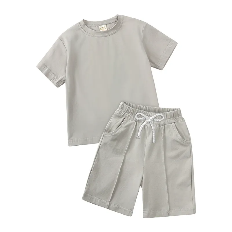 Children Kids Baby Fashion Girls Boys Basic Casual Short Sleeve Solid Color T-Shirt And Shorts 2pcs Set