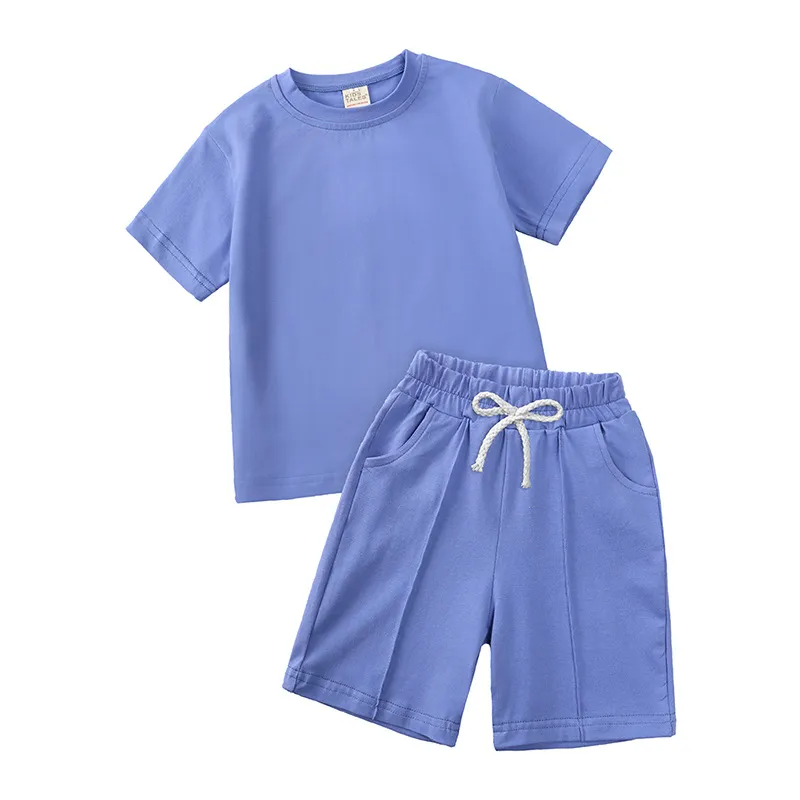 Children Kids Baby Fashion Girls Boys Basic Casual Short Sleeve Solid Color T-Shirt And Shorts 2pcs Set