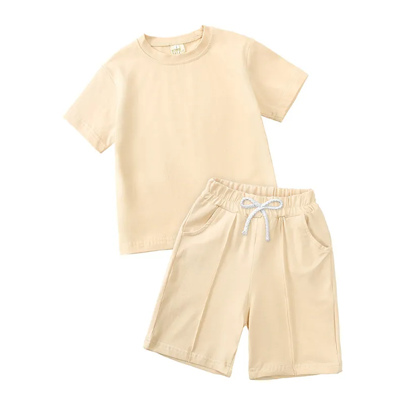 Children Kids Baby Fashion Girls Boys Basic Casual Short Sleeve Solid Color T-Shirt And Shorts 2pcs Set