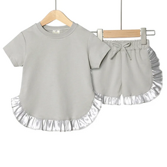 Children Kids Baby Fashion Girls Short Sleeve Casual Basic Solid Color Ruffle T-Shirt And Shorts 2pcs Set