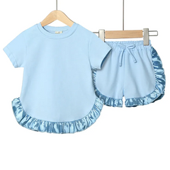 Children Kids Baby Fashion Girls Short Sleeve Casual Basic Solid Color Ruffle T-Shirt And Shorts 2pcs Set