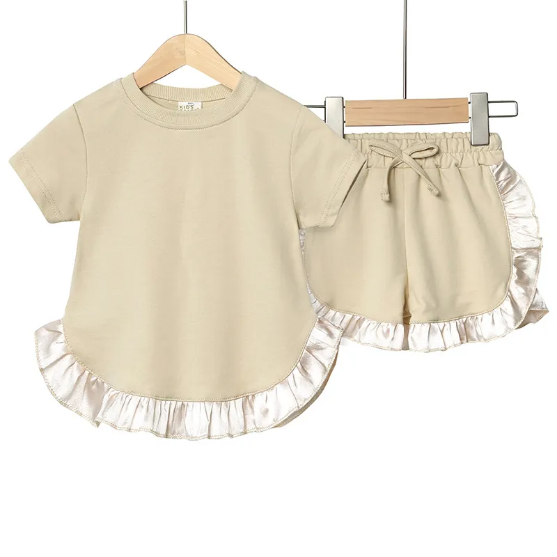 Children Kids Baby Fashion Girls Short Sleeve Casual Basic Solid Color Ruffle T-Shirt And Shorts 2pcs Set