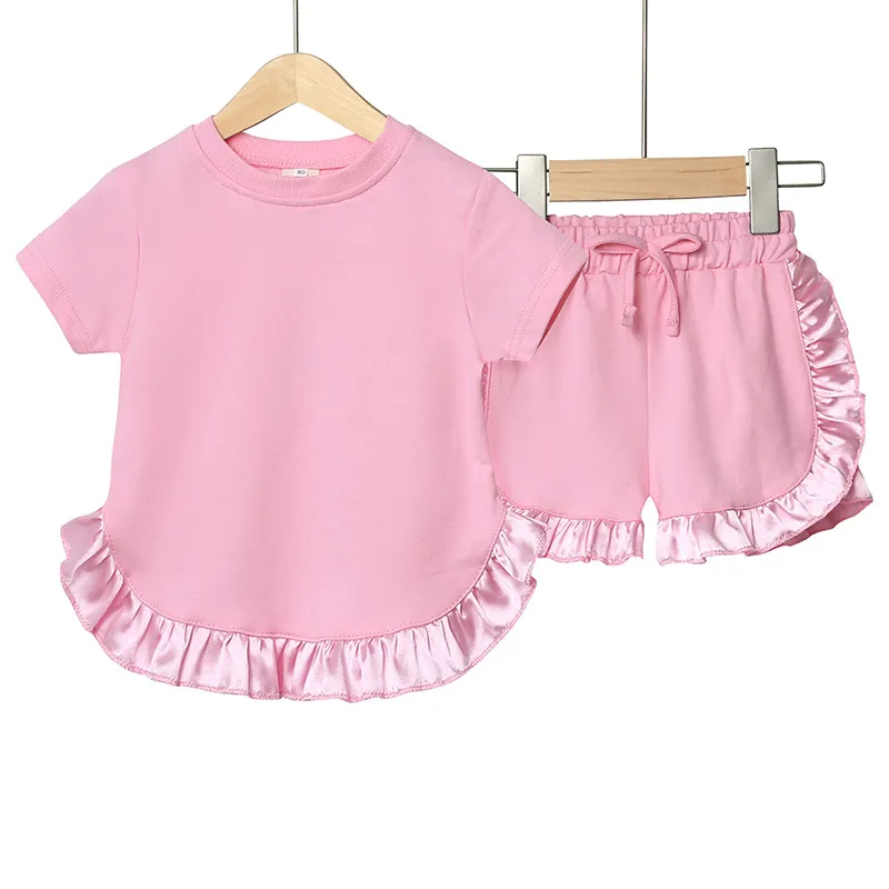 Children Kids Baby Fashion Girls Short Sleeve Casual Basic Solid Color Ruffle T-Shirt And Shorts 2pcs Set