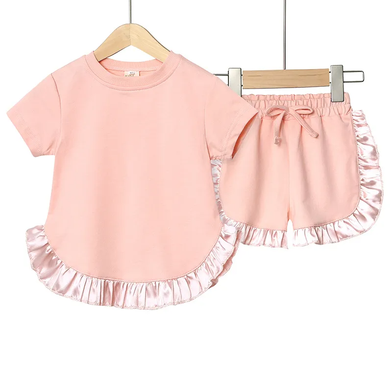 Children Kids Baby Fashion Girls Short Sleeve Casual Basic Solid Color Ruffle T-Shirt And Shorts 2pcs Set