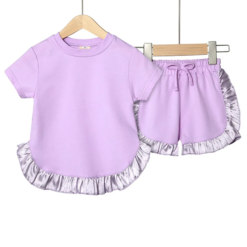 Children Kids Baby Fashion Girls Short Sleeve Casual Basic Solid Color Ruffle T-Shirt And Shorts 2pcs Set