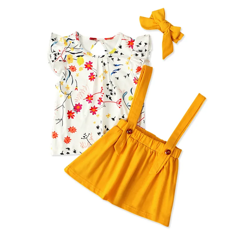 Kids Baby Girls Summer Fashion Casual Cute Tiny Flower Raglan Sleeve Round Neck Suspender Skirt Set