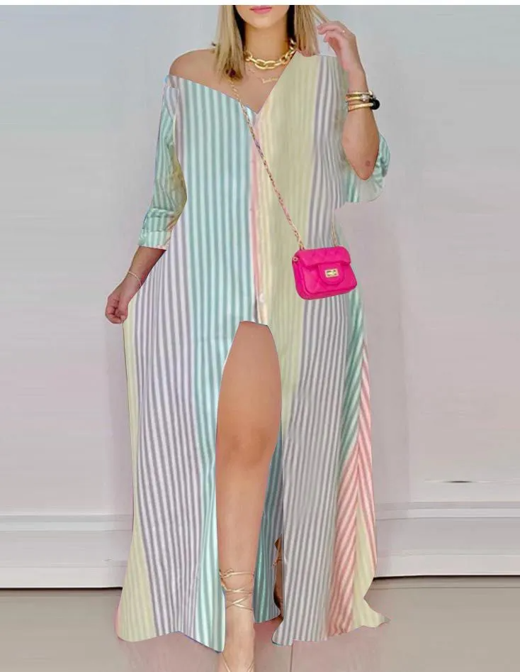 Women Fashion Sexy V-Neck Stripe Long Sleeve Shirt Dress