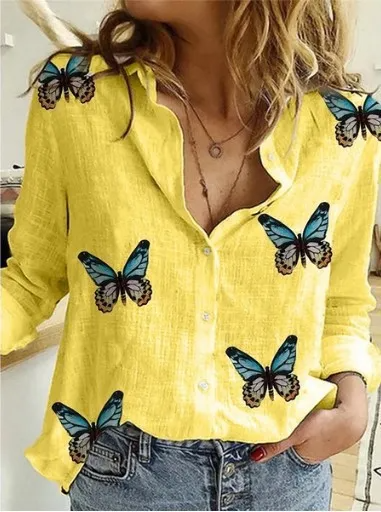 Casual Women Fashion Butterfly Print Long Sleeve Shirt Blouse