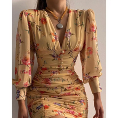 Women Fashion Flower Print Long Sleeve Pleated Bodycon Dress