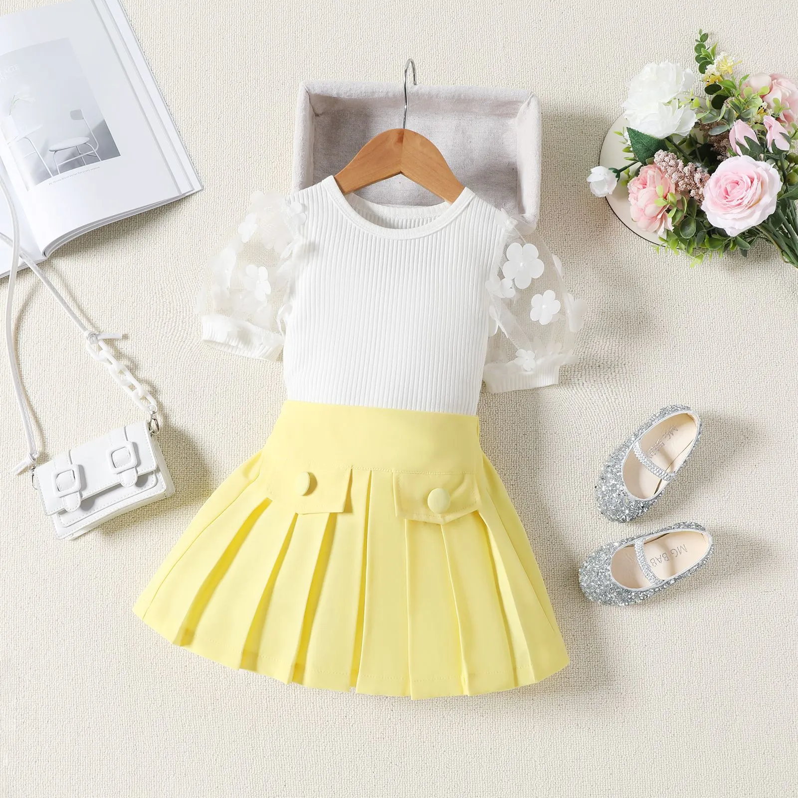 Kids Toddler Girls Fashion Casual Cute Solid Color Puff Sleeve Round Neck Top Skirt Set