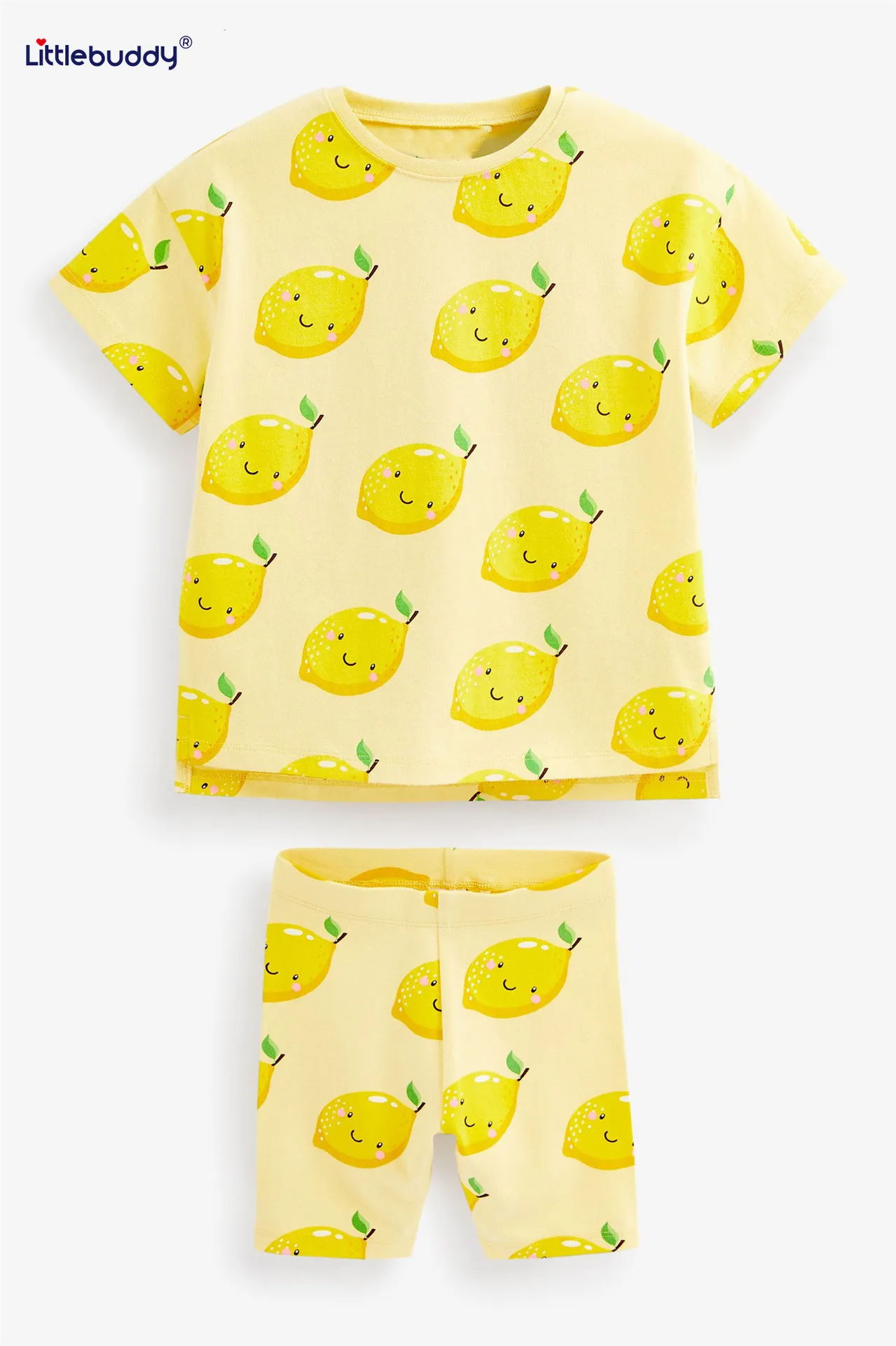 Children Kids Baby Fashion Girls Casual Basic Short Sleeve Lemon Print T-Shirt And Shorts 2pcs Set