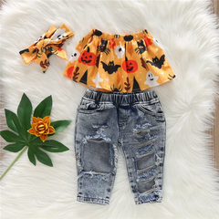 Girl Printed Off-The-Shoulder Tops And Ripped Jeans With Headband Set