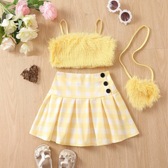 Kids Toddler Girls Casual Cute Sweet Solid Color Plush Cami Tube Top Plaid Skirt Set